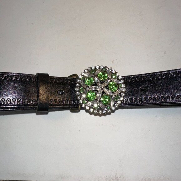 B-Low The Belt Black Leather Rhinestone Embossed Boho Belt Size 34 Floral Buckle - Picture 5 of 8